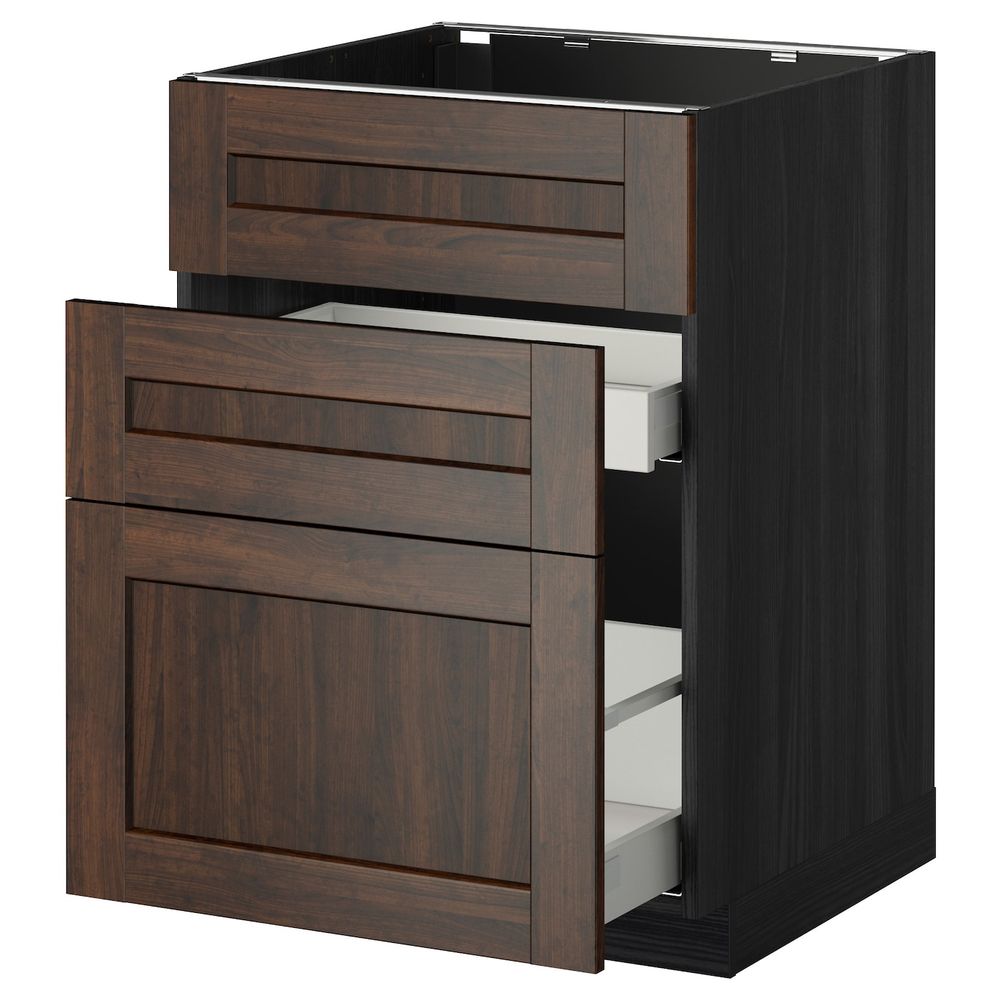Напольный шкаф под мойку + 3 фронтальных панели/2ящ, черный/Эдсерум коричневый 60x60 см IKEA МЕТОД / МАКСИМЕРА 092.347.16 - схема-чертеж с размерами