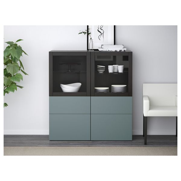 Комбинация для хранения со стеклянными дверцами БЕСТО, черно-коричневый, Вальвикен серо-бирюзовый, прозрачное стекло (120x40x128 - фото 2