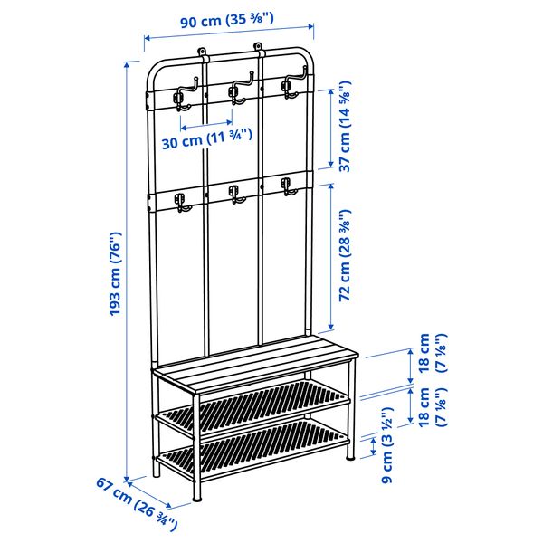 Вешалка с секцией для обуви, черный, 193x37x90 см IKEA PINNIG ПИННИГ 203.297.89 - схема-чертеж с размерами