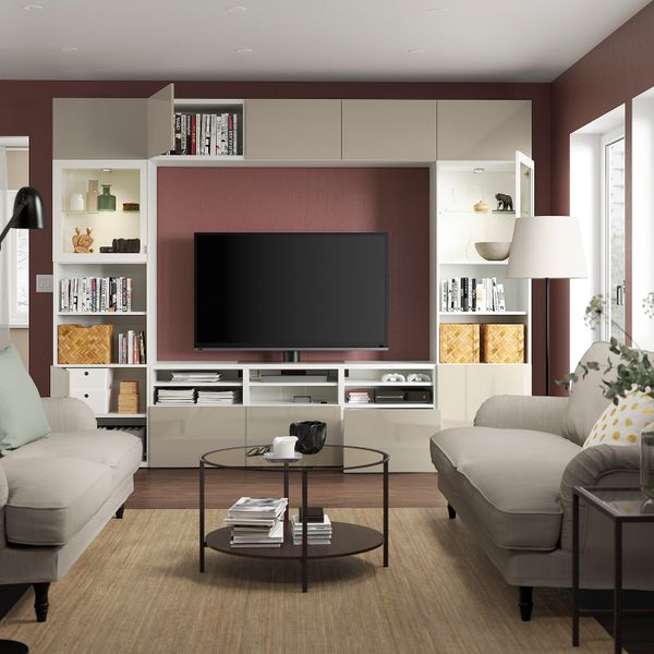 Шкаф для ТВ, комбинированный, стекляные дверцы, белый/Сельсвикен глянцевый, бежевый прозрачное стекло 300x42x231 см IKEA BESTÅ - фото 2