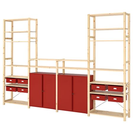 Стеллаж со шкафами/ящиками, сосна/красный 344x30x226 см IKEA IVAR ИВАР 193.034.79