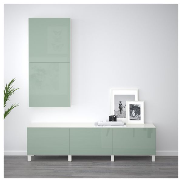 Навесной шкаф с 2 дверями БЕСТО, белый, Сельсвикен глянцевый/светло-зеленый (60x20x128 см) - фото 2