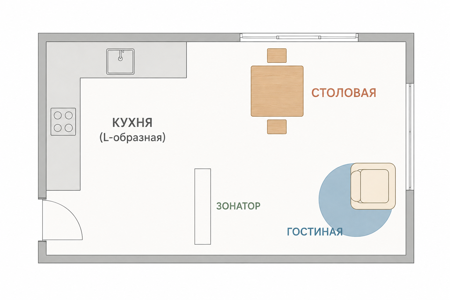 Схема варианта 1 — угловая L-образная кухня