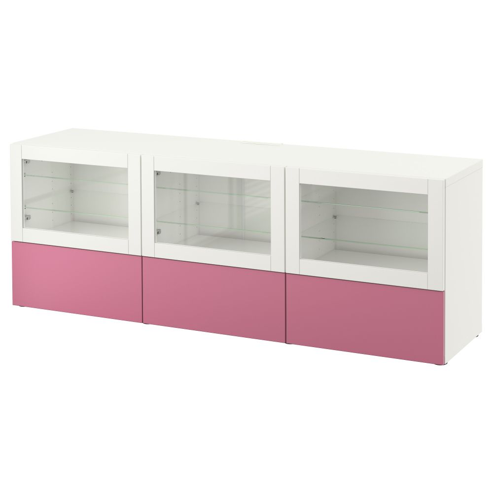 Тумба под ТВ, с дверцами и ящиками БЕСТО, Лаппвикен розовый, Синдвик белый прозрачное стекло (180x40x64 см) - фото 1