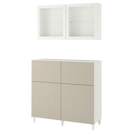 Комбинация для хранения с дверцами/ящ, белый СУТТЕРВ/КАББАРП/серо-бежевый прозрачное стекло 120x42x213 см IKEA BESTÅ БЕСТО