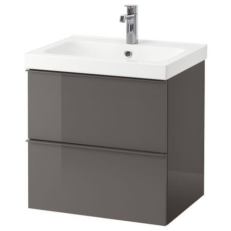 Шкаф для раковины с 2 ящиками, 63x49x64 см, глянцевый серый IKEA GODMORGON ГОДМОРГОН 498.843.58