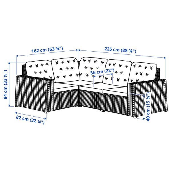 Модульный угловой 3-местный диван, садовый, коричневый/Куддарна серый IKEA SOLLERÖN СОЛЛЕРОН 093.294.89 - схема-чертеж с размерами