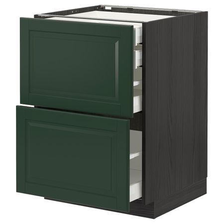 Напольный шкаф 2 фронтальные панели, 2 нижних, 1 средний, 1 высокий ящ, черный/Будбин темно-зеленый 60x60 см IKEA МЕТОД /