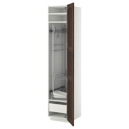 Высокий шкаф с отделением для аксессуаров, для уборки МЕТОД / МАКСИМЕРА, белый, Эдсерум коричневый