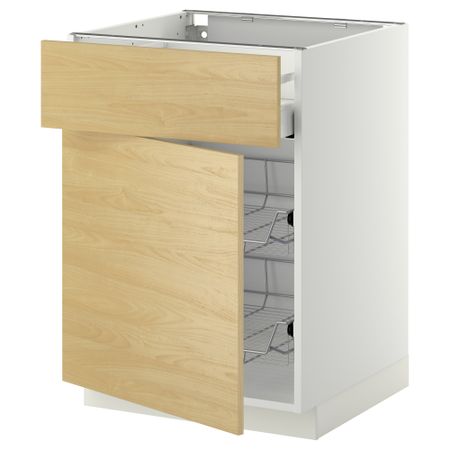 Напольный шкаф с проволочной корзиной, ящиком, дверью МЕТОД / МАКСИМЕРА, белый, Тингсрид береза