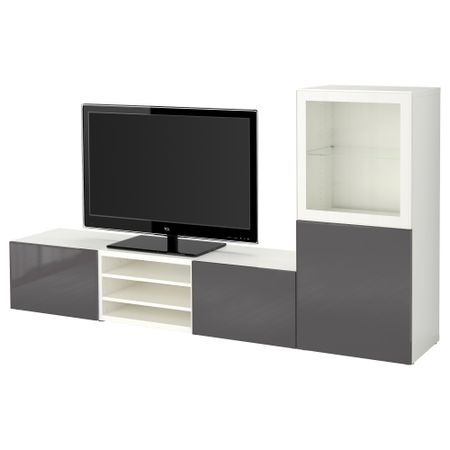 Шкаф для ТВ, комбинированный, стекляные дверцы БЕСТО, белый, Сельсвикен глянцевый/серый прозрачное стекло (240x40x128 см)