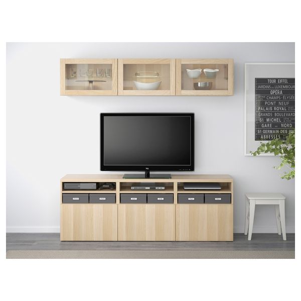 Шкаф для ТВ, комбинированный, стекляные дверцы БЕСТО, Лаппвикен, Синдвик под беленый дуб, прозрачное стелко (180x40x192 см) - фото 2