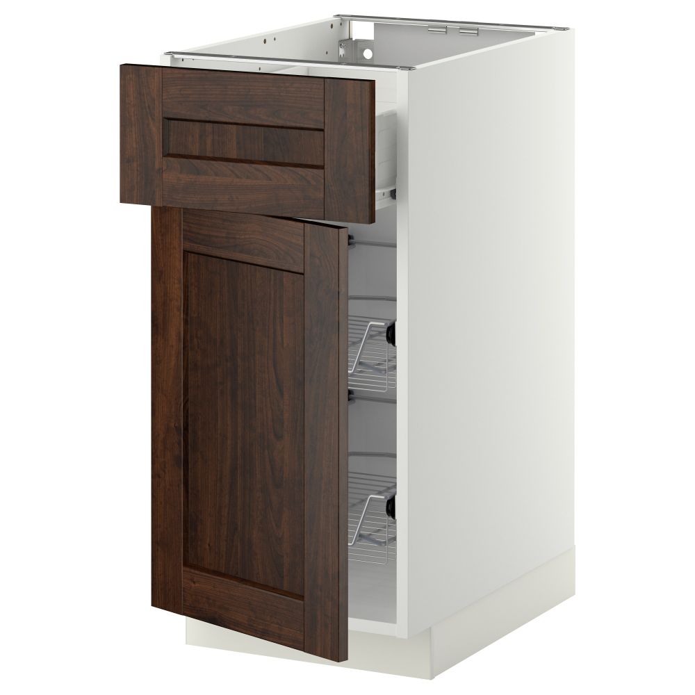 Напольный шкаф с проволочной корзиной, ящиком, дверью МЕТОД / ФОРВАРА, белый, Эдсерум коричневый - схема-чертеж с размерами