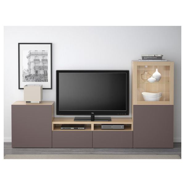 Шкаф для ТВ, комбинированный, стекляные дверцы БЕСТО, под беленый дуб, Вальвикен темно-коричневый, прозрачное стекло (240x40x128 - фото 2