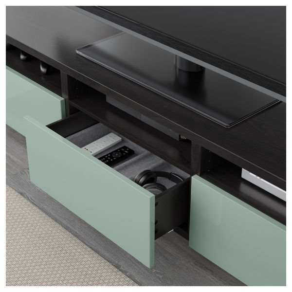 Тумба для ТВ с ящиками БЕСТО, черно-коричневый, Сельсвикен глянцевый/серо-зеленый светлый (180x40x48 см) - фото 3