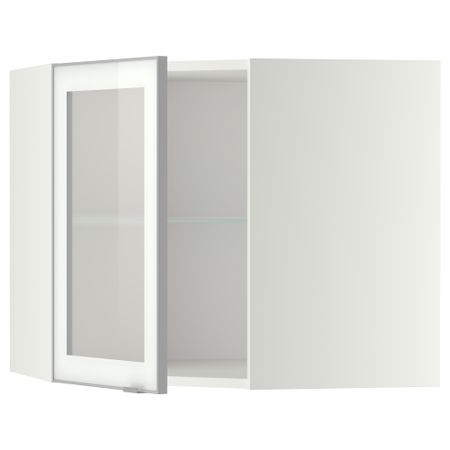 Угловой навесной шкаф с полками, стекляными дверцами МЕТОД, белый, Ютис матовое стекло