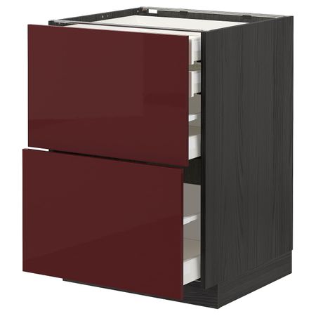 Напольный шкаф 2 фронтальные панели, 2 нижних, 1 средний, 1 высокий ящ, черный Калларп/глянцевый темный красно-коричневый 60x60