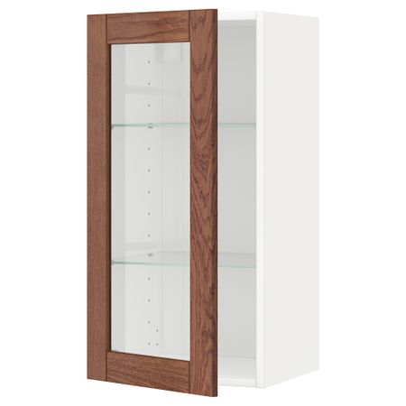 Навесной шкаф с полками, стекляными дверцы МЕТОД, белый, Филипстад коричневый