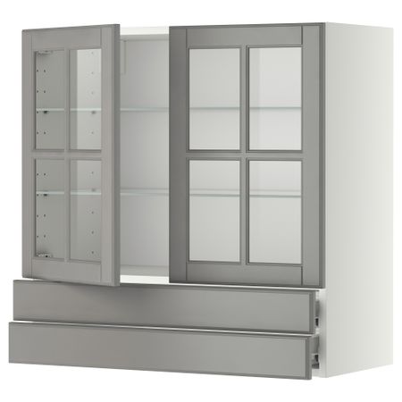 Навесной шкаф, 2 стеклянные дверцы, 2 ящика МЕТОД / ФОРВАРА, белый, Будбин серый