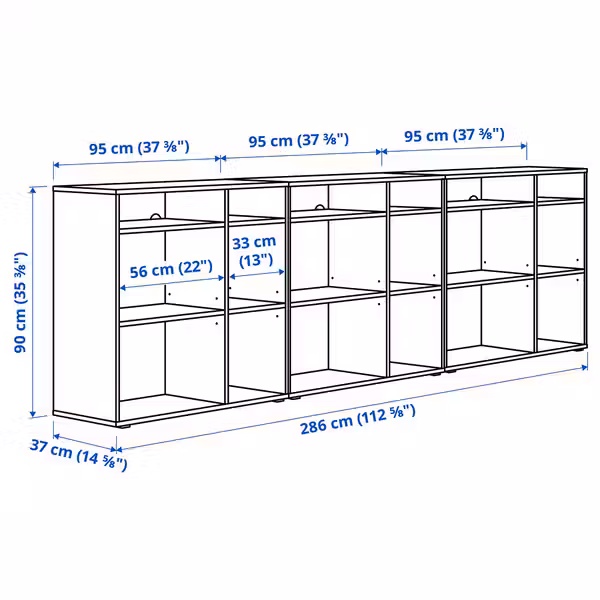 VIHALS Комбинация стеллажей - белый 286x37x90 см - схема-чертеж с размерами