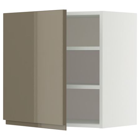 METOD Навесной шкаф с полками - белый/Voxtorp глянцевый темный серо-коричневый 60x60 см