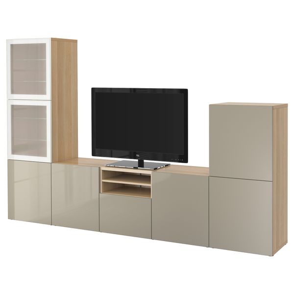 Шкаф для ТВ, комбинированный, стекляные дверцы БЕСТО, под беленый дуб, Сельсвикен глянцевый/бежевый матовое стекло (300x40x192 - фото 1
