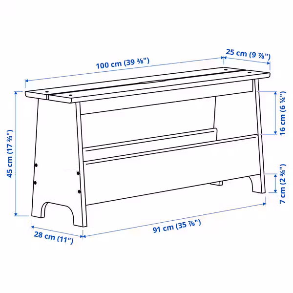 PERJOHAN Скамья с отделением для хранения - сосна 100 см - схема-чертеж с размерами