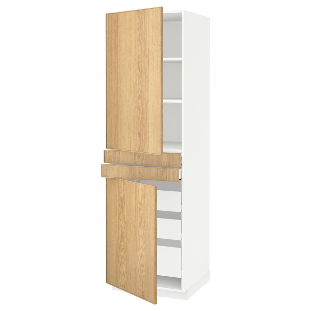 Высокий шкаф + полки, 5 ящиков, 2 дверцы, 2 фронтальных МЕТОД / МАКСИМЕРА, белый, Экестад дуб - схема-чертеж с размерами