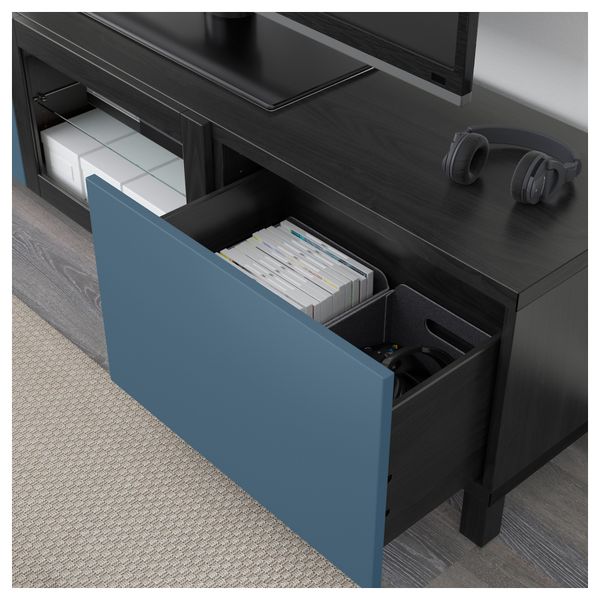 Тумба под ТВ с ящиками и дверцей БЕСТО, черно-коричневый Вальвикен, темно-синий прозрачное стекло (180x40x48 см) - фото 4