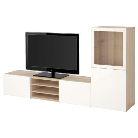 Шкаф для ТВ, комбинированный, стекляные дверцы БЕСТО, под беленый дуб, Сельсвикен глянцевый/белый прозрачное стекло (240x40x128