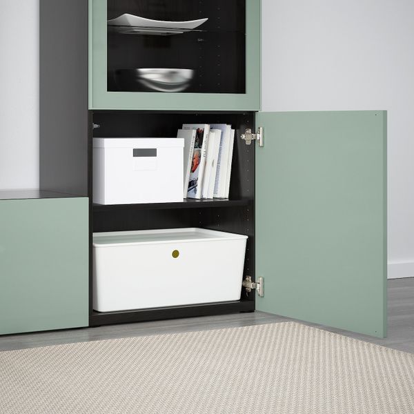 Шкаф для ТВ, комбинированный, стекляные дверцы, черно-коричневый Сельсвикен, глянцевый/серо-зеленый светлый прозрачное стекло, - фото 3