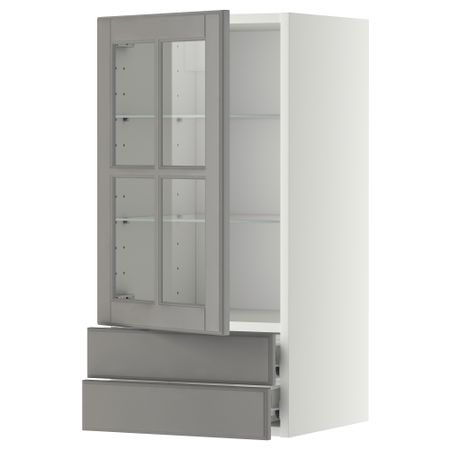 Навесной шкаф, стеклянная дверца, 2 ящика МЕТОД / ФОРВАРА, белый, Будбин серый