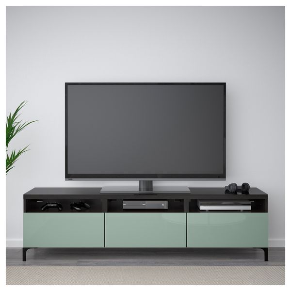 Тумба для ТВ с ящиками БЕСТО, черно-коричневый, Сельсвикен глянцевый/серо-зеленый светлый (180x40x48 см) - фото 2