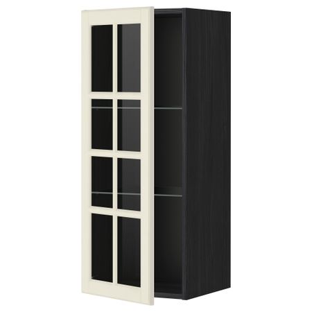 Навесной шкаф с полками, стекляными дверцы МЕТОД, черный, Будбин белый с оттенком