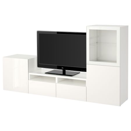 Шкаф для ТВ, комбинированный, стекляные дверцы БЕСТО, белый, Сельсвикен глянцевый/белый прозрачное стекло (240x40x128 см)
