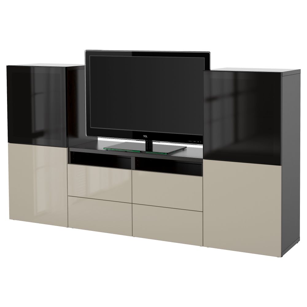 Шкаф для ТВ, комбинированный, стекляные дверцы БЕСТО, черно-коричневый, Сельсвикен глянцевый/бежевый/дымчатое стекло (240x40x128 - фото 1