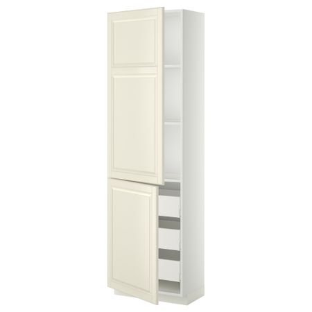 Высокий шкаф + полки, 3 ящика, 2 дверцы МЕТОД / МАКСИМЕРА, белый, Будбин белый с оттенком
