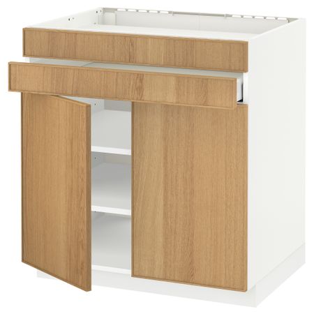 Напольный шкаф для варочной панели, 2 ящика, 2 фасада, 1 ящик МЕТОД / МАКСИМЕРА, белый, Экестад дуб (80x60 см)