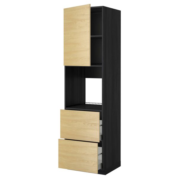 Высокий шкаф для духовки + дверца, 2 форнтальных, 2 высоких ящик МЕТОД / МАКСИМЕРА, черный, Тингсрид береза - фото 1