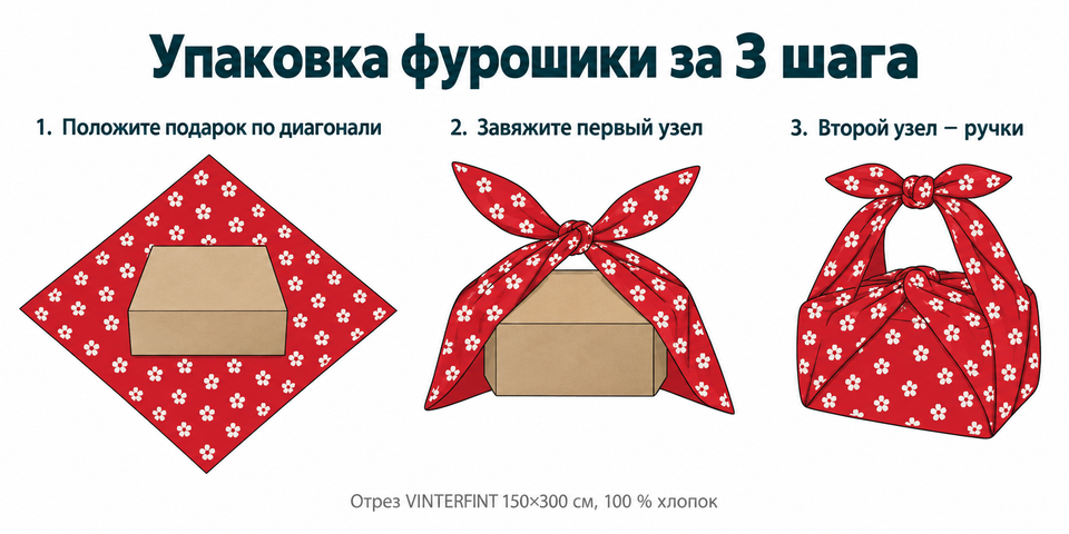 Схема упаковки фурошики: подарок по диагонали ткани, первый узел, второй узел с ручками