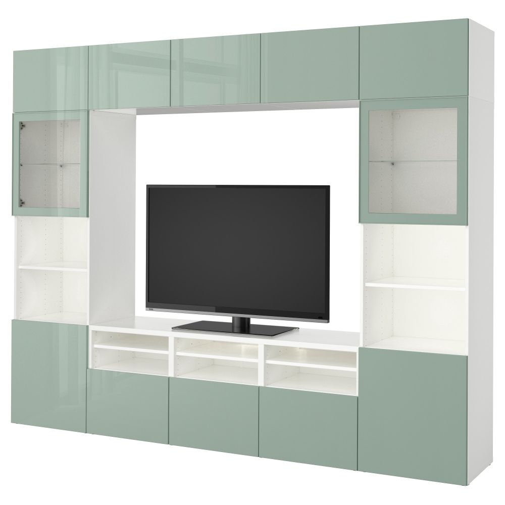 Шкаф для ТВ, комбинированный, стекляные дверцы БЕСТО, белый Сельсвикен, глянцевый/серо-зеленый светлый прозрачное стекло - фото 1