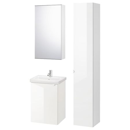 Комплект мебели для ванной,7 предм., глянцевый белый/ПИЛКОН смеситель 44x43x65 см IKEA FISKÅN ФИСКОН / TVÄLLEN ТВЭЛЛЕН