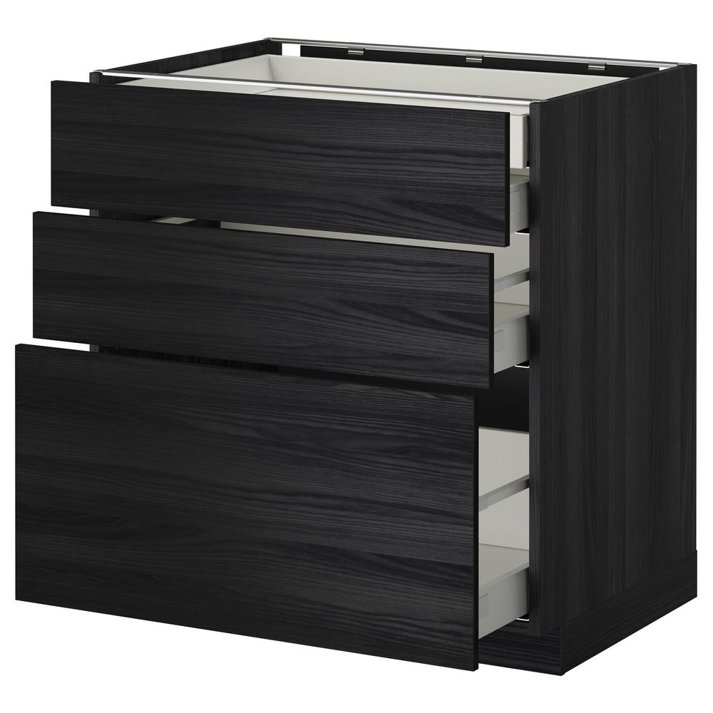 Напольный шкаф 3 фронтальные панели, 2 низких, 1 средний, 1 встроенный ящ, черный, Тингсрид черный 80x60 см IKEA МЕТОД / - фото 1