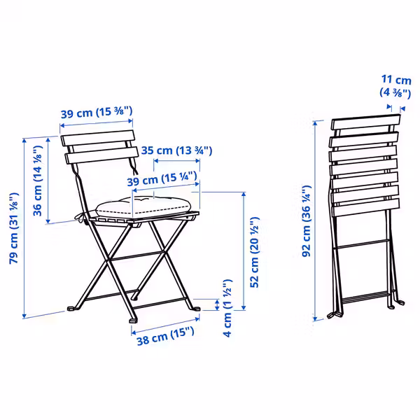 TÄRNÖ Садовый стул - складной черный/светло-коричневая морилка/клёсан темно-синий - схема-чертеж с размерами