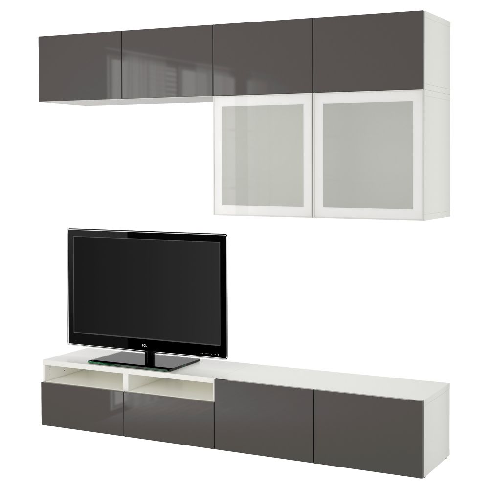 Шкаф для ТВ, комбинированный, стекляные дверцы БЕСТО, белый, Сельсвикен глянцевый/серый матовое стекло (240x40x230 см) - фото 1