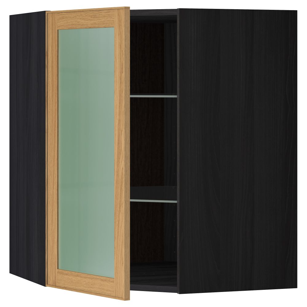 Угловой навесной шкаф с полками, стекляными дверцами МЕТОД, черный, Экестад дуб - схема-чертеж с размерами