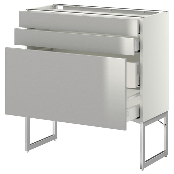 Напольный шкаф 3 фронтальных панели, 2 нижних, 2 средних ящика МЕТОД / МАКСИМЕРА, белый, Гревста нержавеющ сталь - схема-чертеж с размерами
