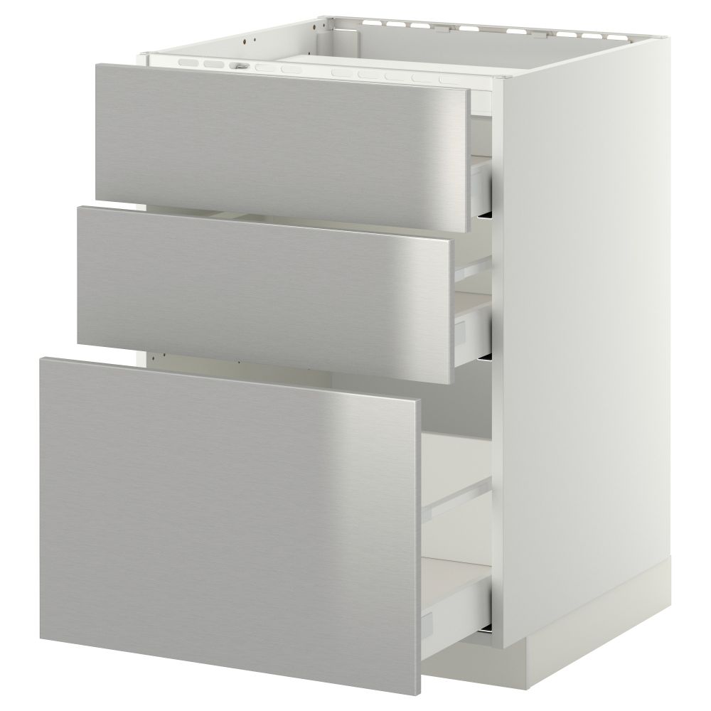 Напольный шкаф, 3 фронтальных панели, 3 ящика МЕТОД / МАКСИМЕРА, белый, Гревста нержавеющ сталь - схема-чертеж с размерами