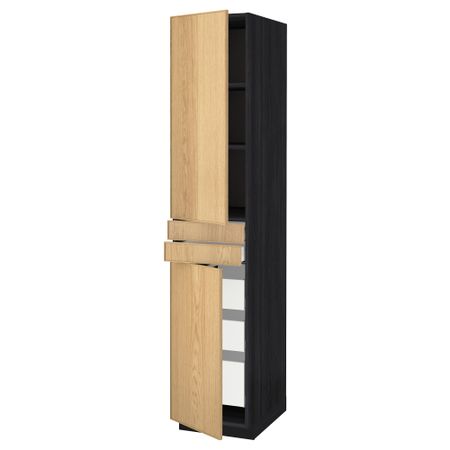 Высокий шкаф + полки, 5 ящиков, 2 дверцы, 2 фронтальных МЕТОД / МАКСИМЕРА, черный, Экестад дуб