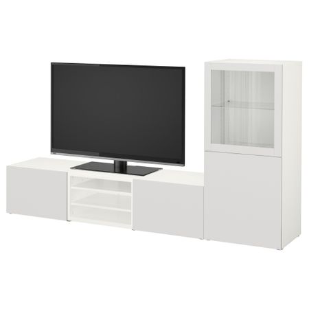 Шкаф для ТВ, комбинированный, стекляные дверцы БЕСТО, белый, Лаппвикен светло-серый прозрачное стекло (240x40x128 см)